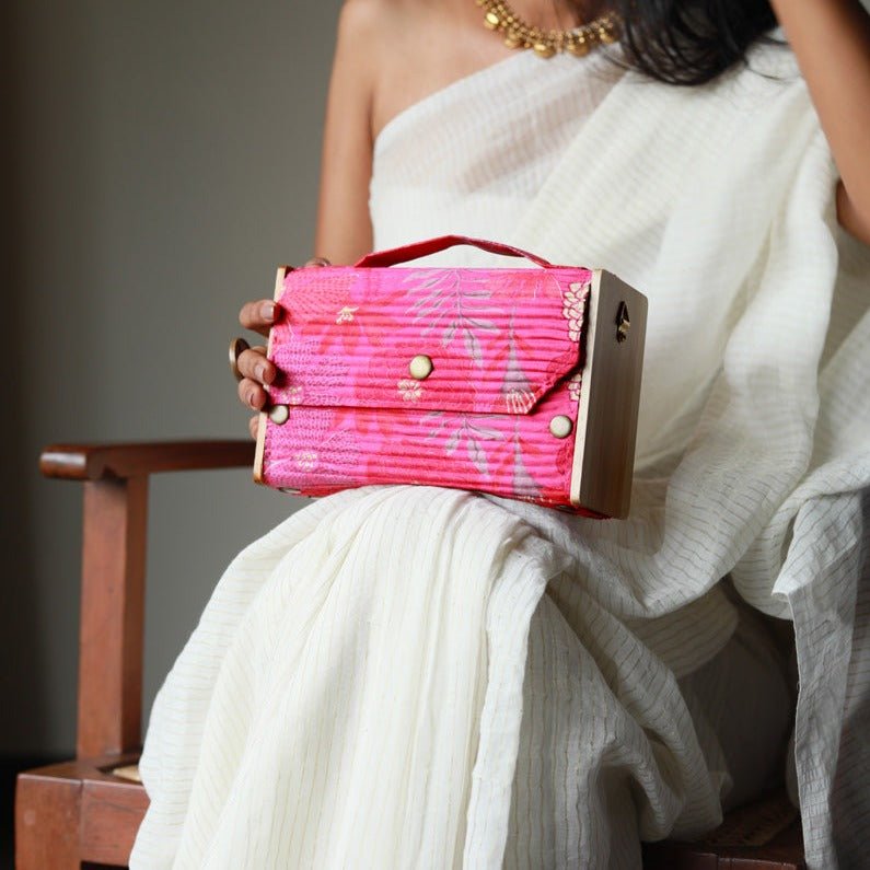 Gift For Her - Upcycled Fabric & Brass Box Pink Clutch Gift Box | Verified Sustainable by Brown Living™