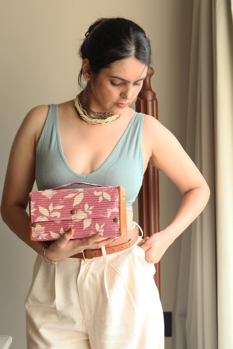 Gift For Her - Upcycled Fabric & Brass Box Pink Clutch Gift Box | Verified Sustainable by Brown Living™