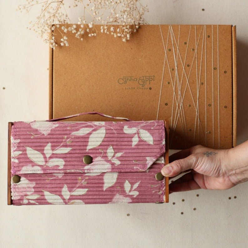 Gift For Her - Upcycled Fabric & Brass Box Pink Clutch Gift Box | Verified Sustainable by Brown Living™