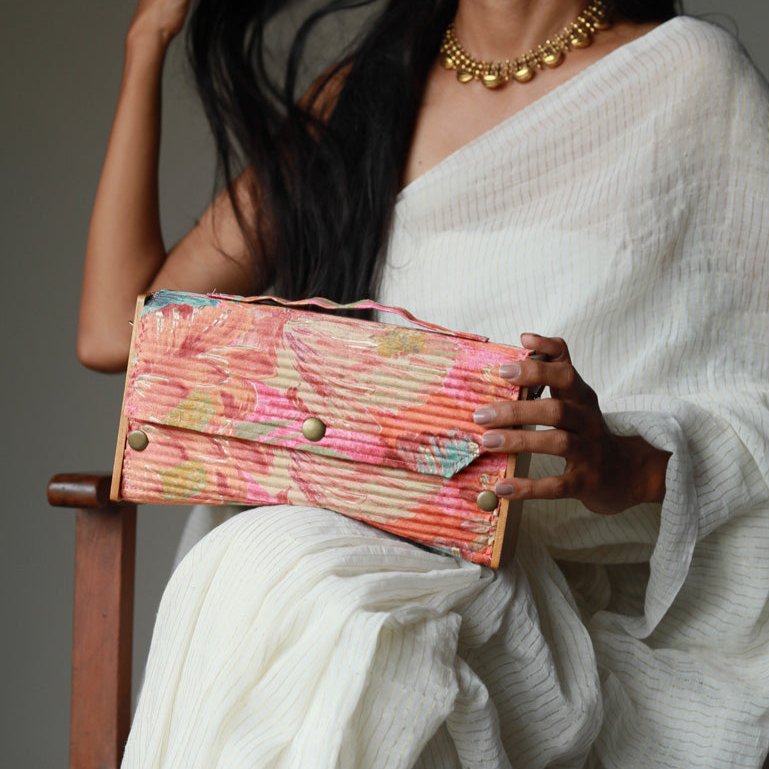 Gift For Her - Upcycled Peach Hues Box Clutch for Gifting | Verified Sustainable by Brown Living™