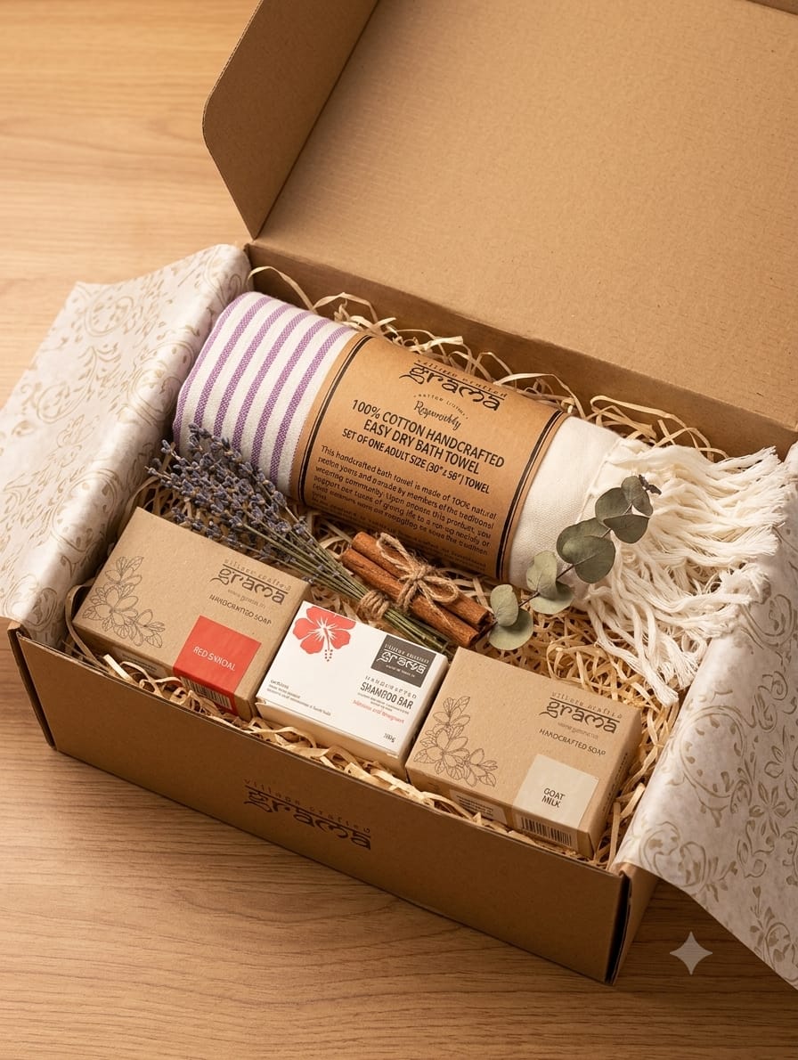 Gift Hamber-100% Handloom Cotton Bath towel+2 body soap+1 Shampoo Bar – Gift Hampers on Brown Living™. SKU: 248-10807-GMA_GIFT_PACK01. Img 1.