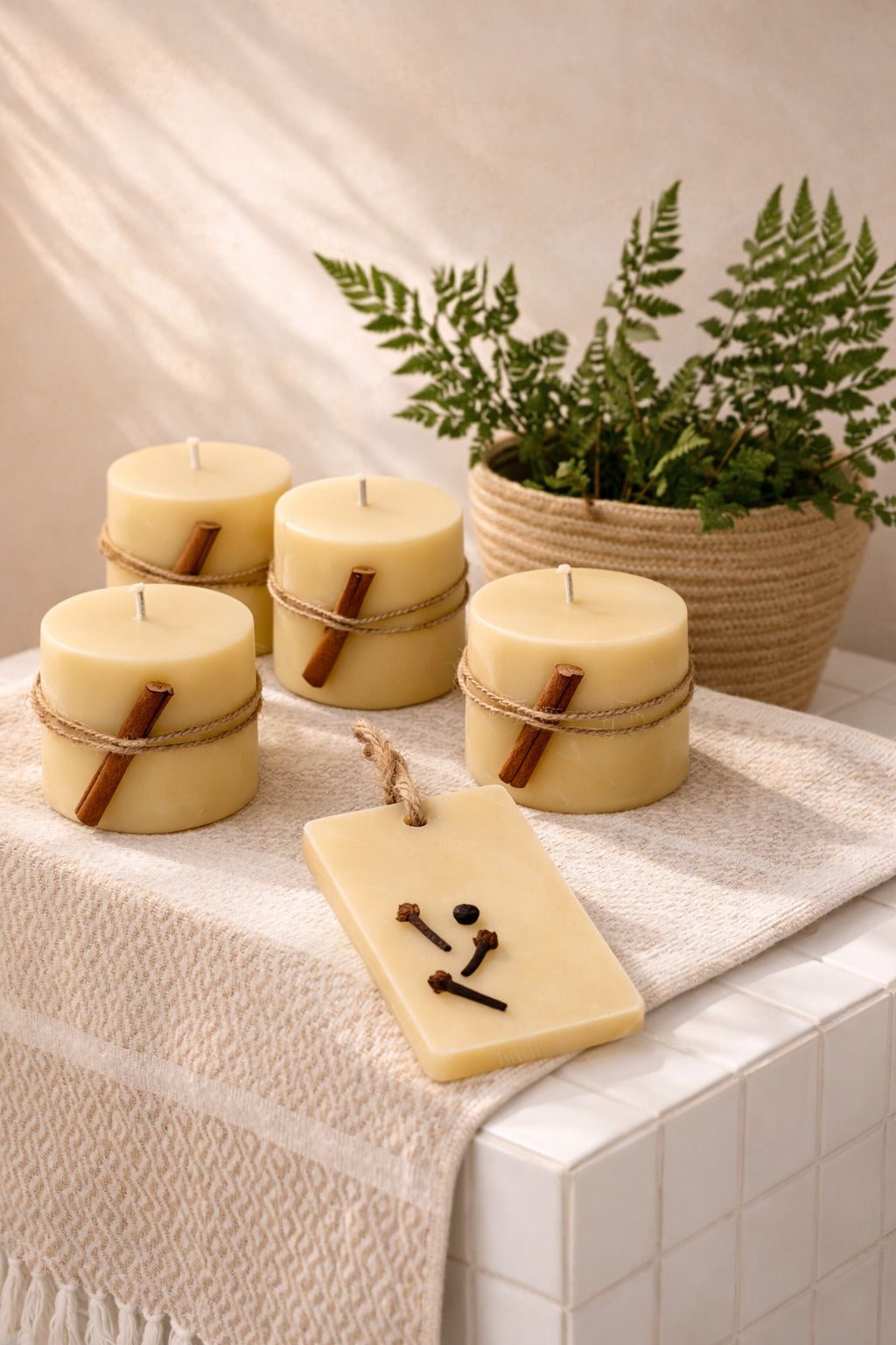 Gift Set Of 4 Coco Beeswax Candles With Orange Clove Fragrance Bar – Candles & Fragrances on Brown Living™. SKU: SN2573. Img 4.