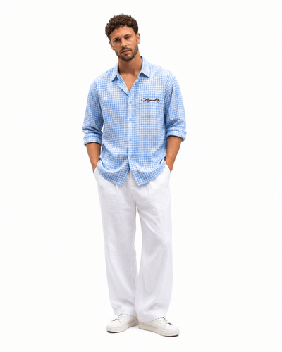 Gingham Men's Shirt | Classic Cotton Casual Shirt – Men Shirt on Brown Living™. SKU: M-CHECKS-SHIRT-BLUE-S1. Img 1.
