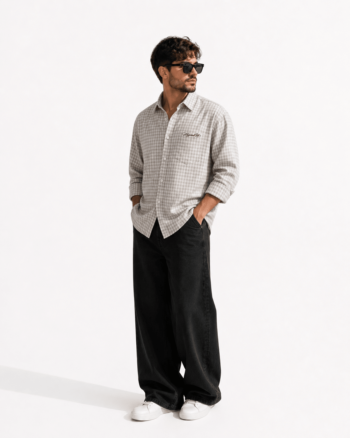 Gingham Men's Shirt | Classic Cotton Casual Shirt – Men Shirt on Brown Living™. SKU: M-CHECKS-SHIRT-GREY-M1. Img 9.