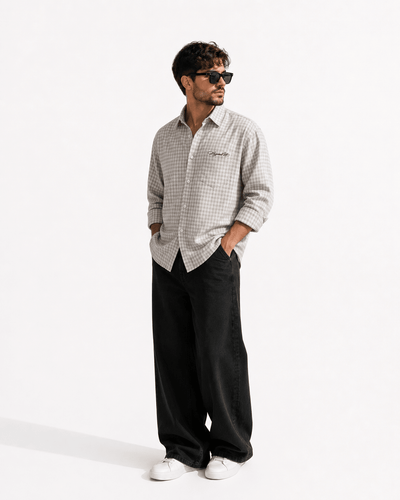 Gingham Men's Shirt | Classic Cotton Casual Shirt – Men Shirt on Brown Living™. SKU: M-CHECKS-SHIRT-GREY-M1. Img 9.