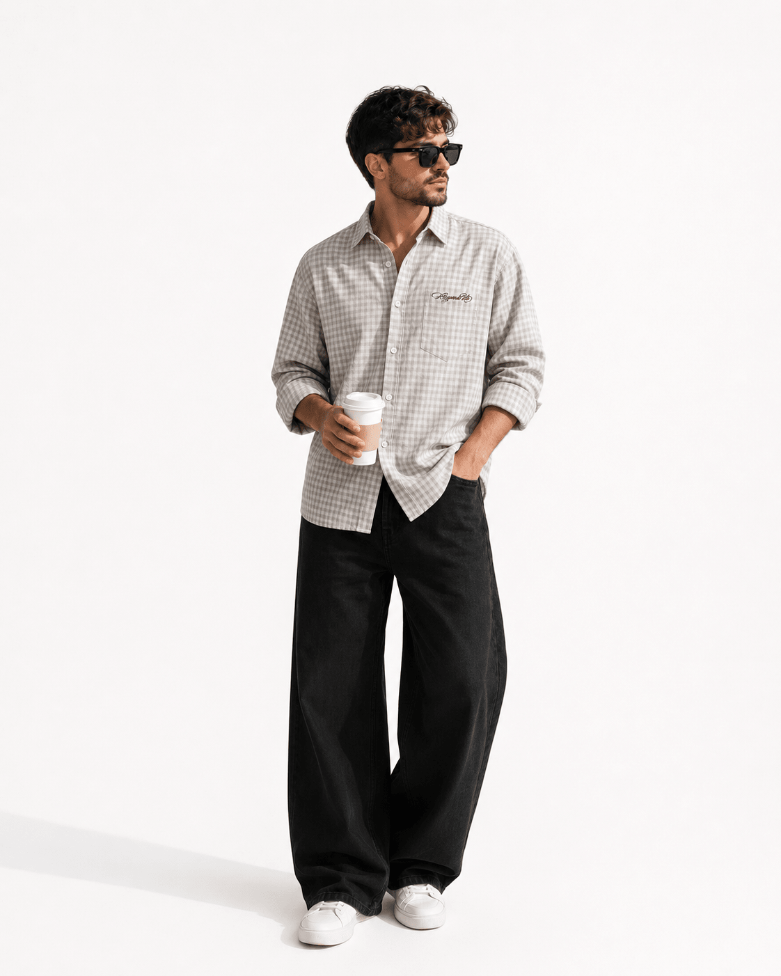 Gingham Men's Shirt | Classic Cotton Casual Shirt – Men Shirt on Brown Living™. SKU: M-CHECKS-SHIRT-GREY-S1. Img 5.