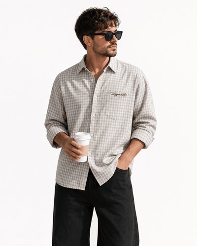 Gingham Men's Shirt | Classic Cotton Casual Shirt – Men Shirt on Brown Living™. SKU: M-CHECKS-SHIRT-GREY-S1. Img 7.