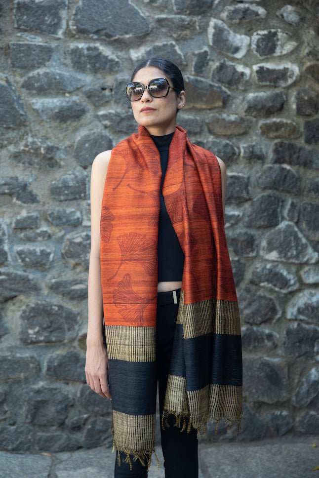Ginkgo leaf 100% Natural Ahimsa Tussar Peace Silk Scarf – Womens Scarf on Brown Living™. SKU: NAESWT05. Img 2.