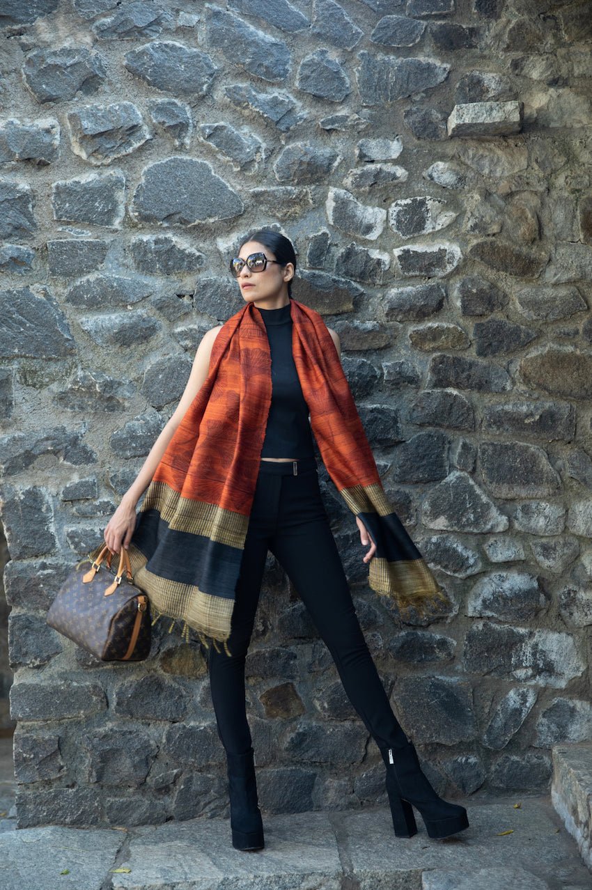Ginkgo leaf 100% Natural Ahimsa Tussar Peace Silk Scarf – Womens Scarf on Brown Living™. SKU: NAESWT05. Img 4.