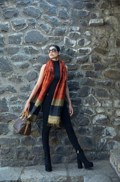 Ginkgo leaf 100% Natural Ahimsa Tussar Peace Silk Scarf – Womens Scarf on Brown Living™. SKU: NAESWT05. Img 5.