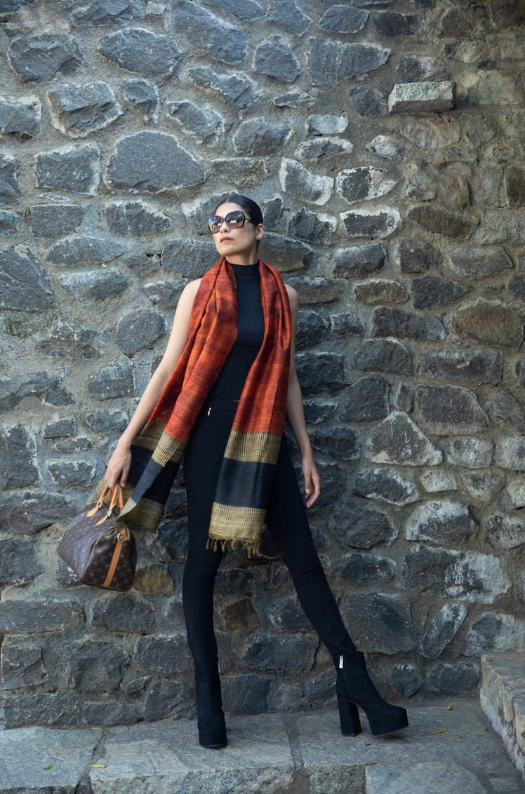 Ginkgo leaf 100% Natural Ahimsa Tussar Peace Silk Scarf – Womens Scarf on Brown Living™. SKU: NAESWT05. Img 5.