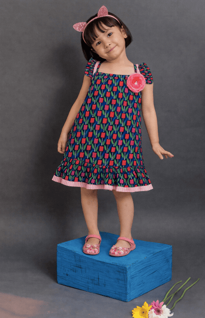 Girls Cotton Cornblue Dress Navy & Pink – Stylish Outfit for Kids – Kids Daywear Sets on Brown Living™. SKU: PG130_1. Img 5.