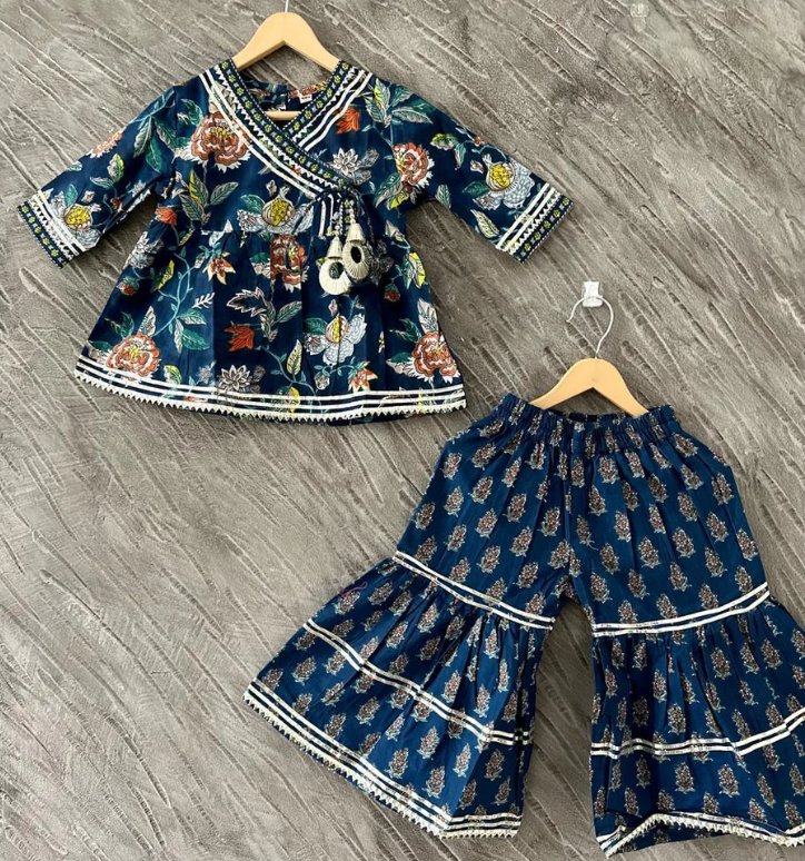 Girls Pure Cotton Jaipur Block Printed Festive Suit Sets - Blue | Verified Sustainable by Brown Living™