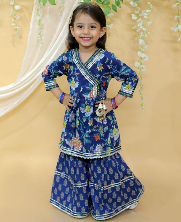 Girls Pure Cotton Jaipur Block Printed Festive Suit Sets - Blue | Verified Sustainable by Brown Living™