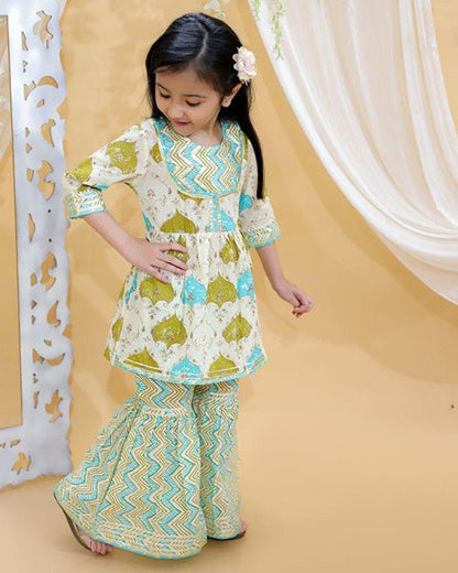 Girls Pure Cotton Jaipur Block Printed Festive Suit Sets - Green | Verified Sustainable by Brown Living™