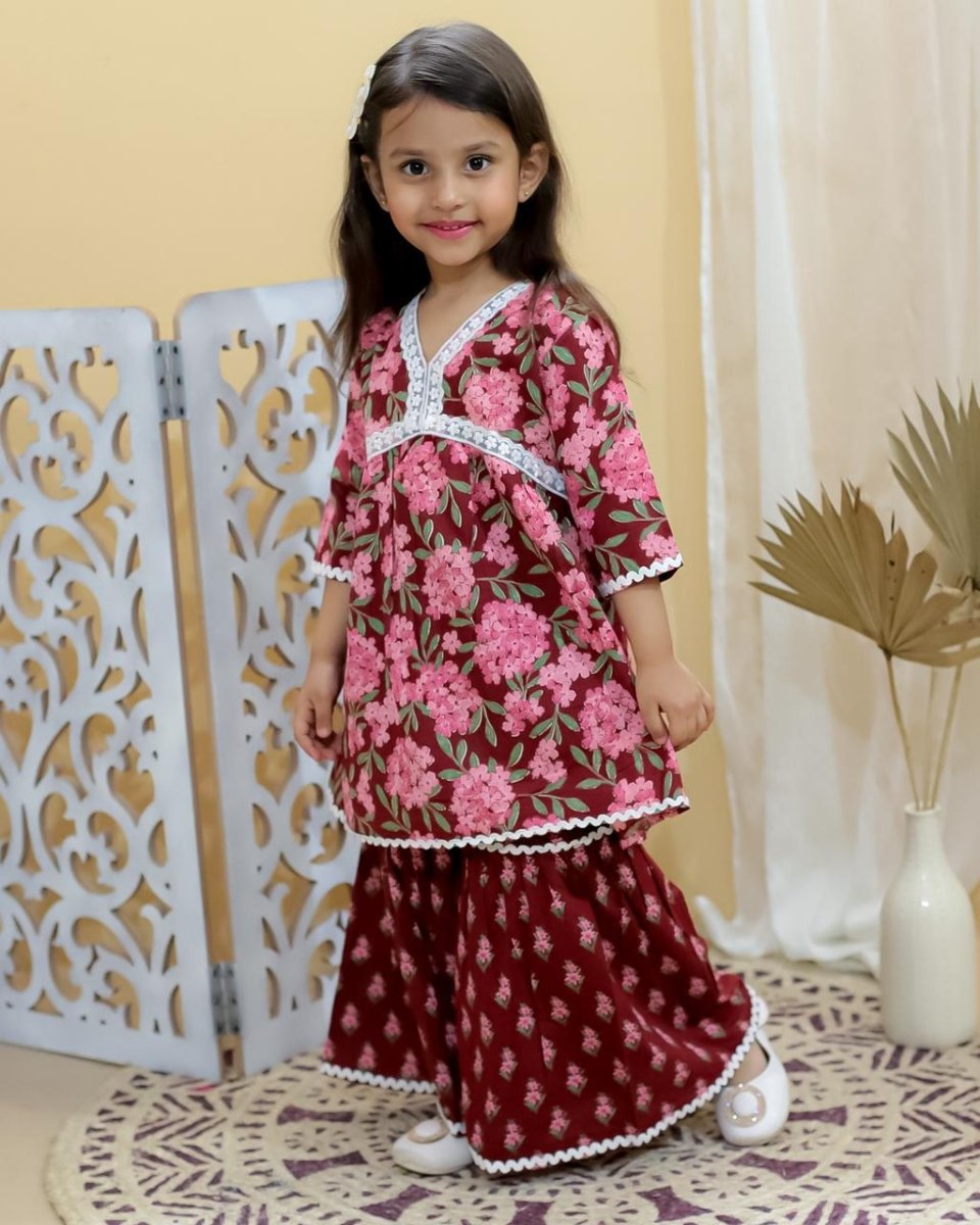 Girls Pure Cotton Jaipur Block Printed Festive Suit Sets - Red | Verified Sustainable by Brown Living™