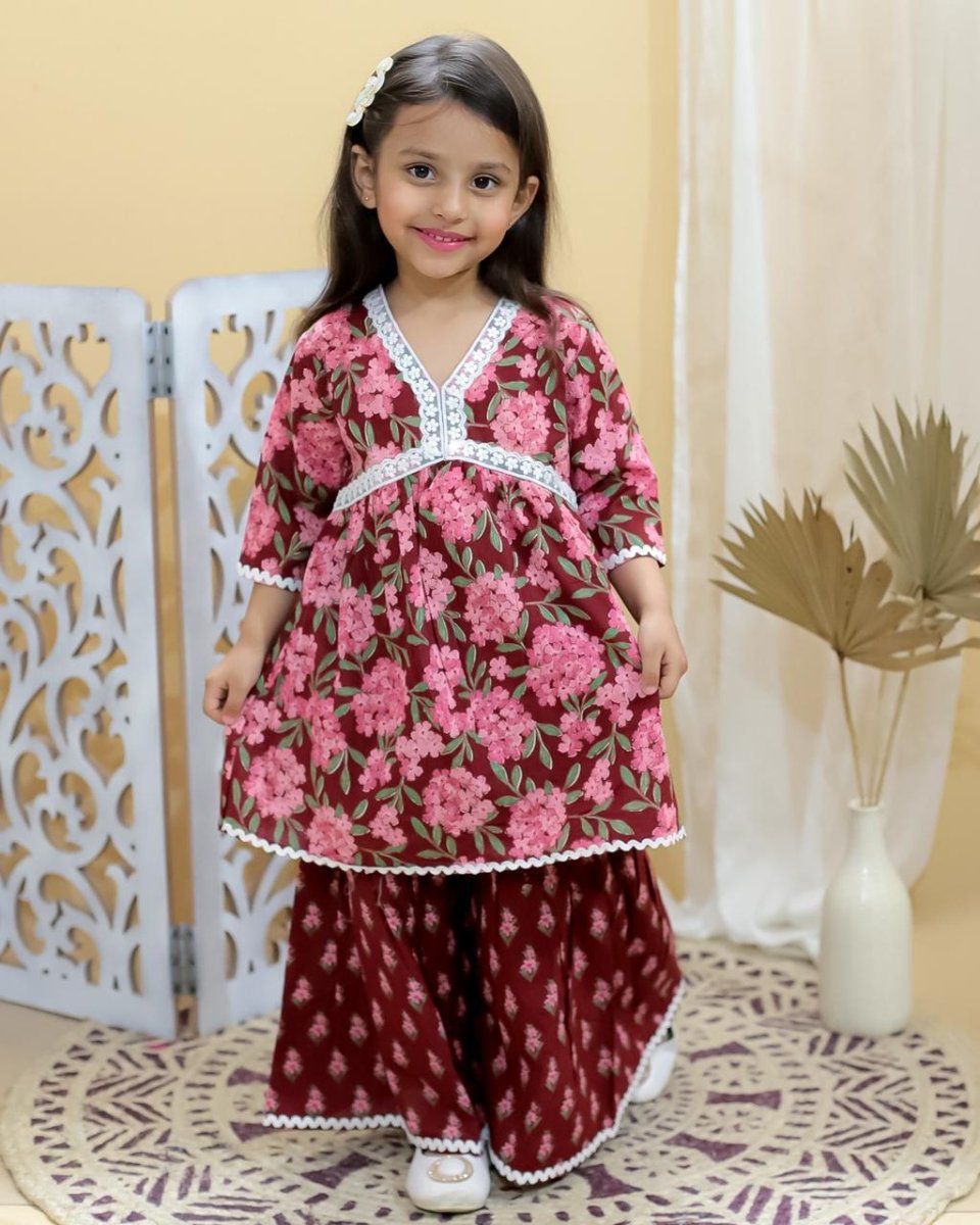 Girls Pure Cotton Jaipur Block Printed Festive Suit Sets - Red | Verified Sustainable by Brown Living™