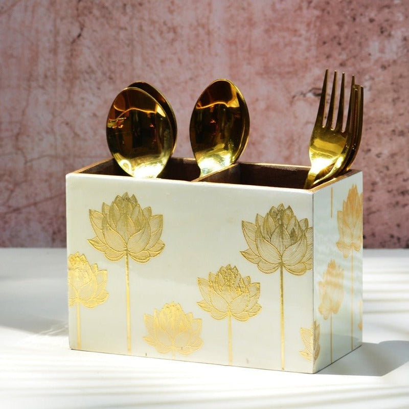 Gold Lotus MDF Cutlery Holder | Verified Sustainable Kitchen Organizers on Brown Living™