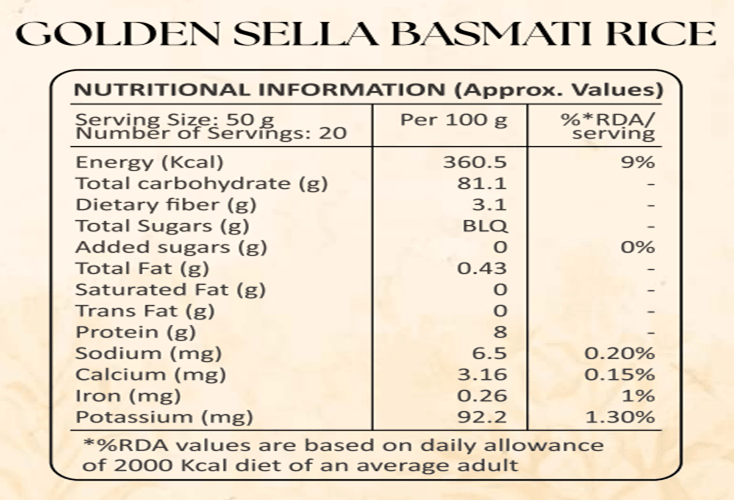 Golden Sella Basmati Rice 1kg – Premium Long Grain Parboiled Rice – Cereal & Meusli on Brown Living™. SKU: I00005. Img 4.