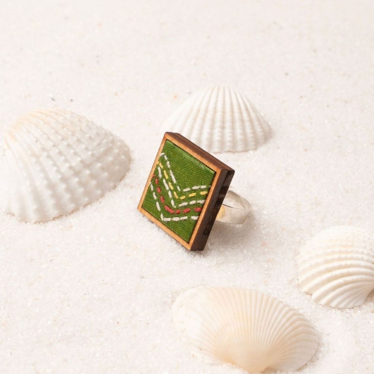 Green Kantha Repurposed Silk Fabric & Wood Jewellery Set – Womens Earrings on Brown Living™. SKU: JCC046. Img 5.