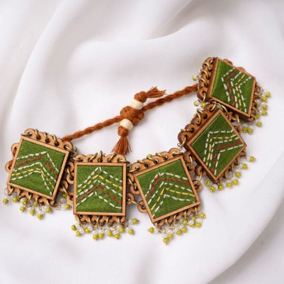 Green Kantha Repurposed Silk Fabric & Wood Jewellery Set – Womens Earrings on Brown Living™. SKU: JCC046. Img 7.