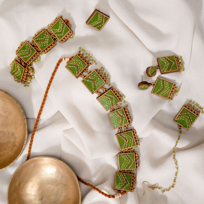 Green Kantha Repurposed Silk Fabric & Wood Jewellery Set – Womens Earrings on Brown Living™. SKU: JCC046. Img 2.