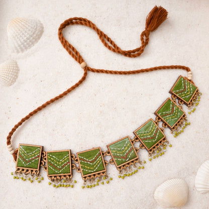 Green Kantha Repurposed Silk Fabric & Wood Jewellery Set – Womens Earrings on Brown Living™. SKU: JCC046. Img 3.