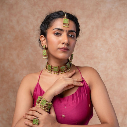 Green Kantha Repurposed Silk Fabric & Wood Jewellery Set – Womens Earrings on Brown Living™. SKU: JCC046. Img 1.