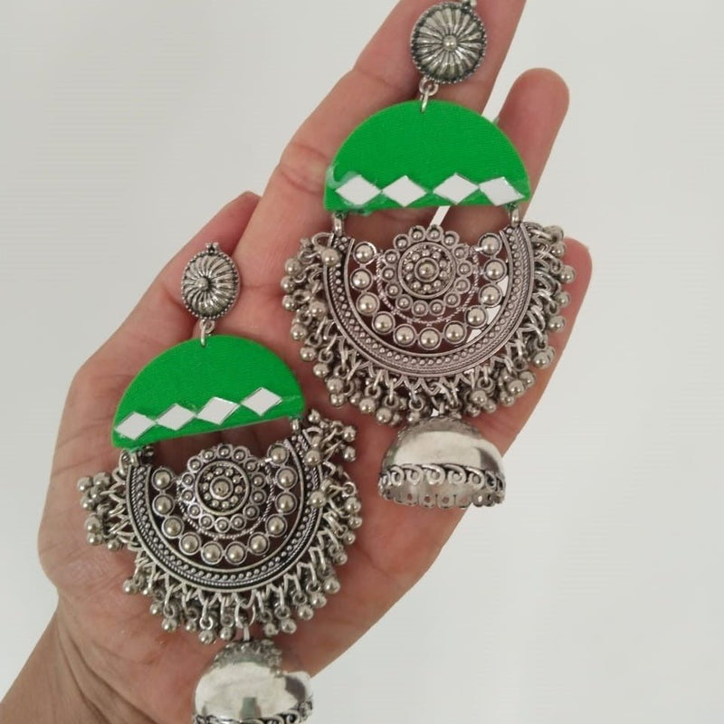 Green Oxidized Heavy Long Jhumka With Ghungroos | Verified Sustainable by Brown Living™