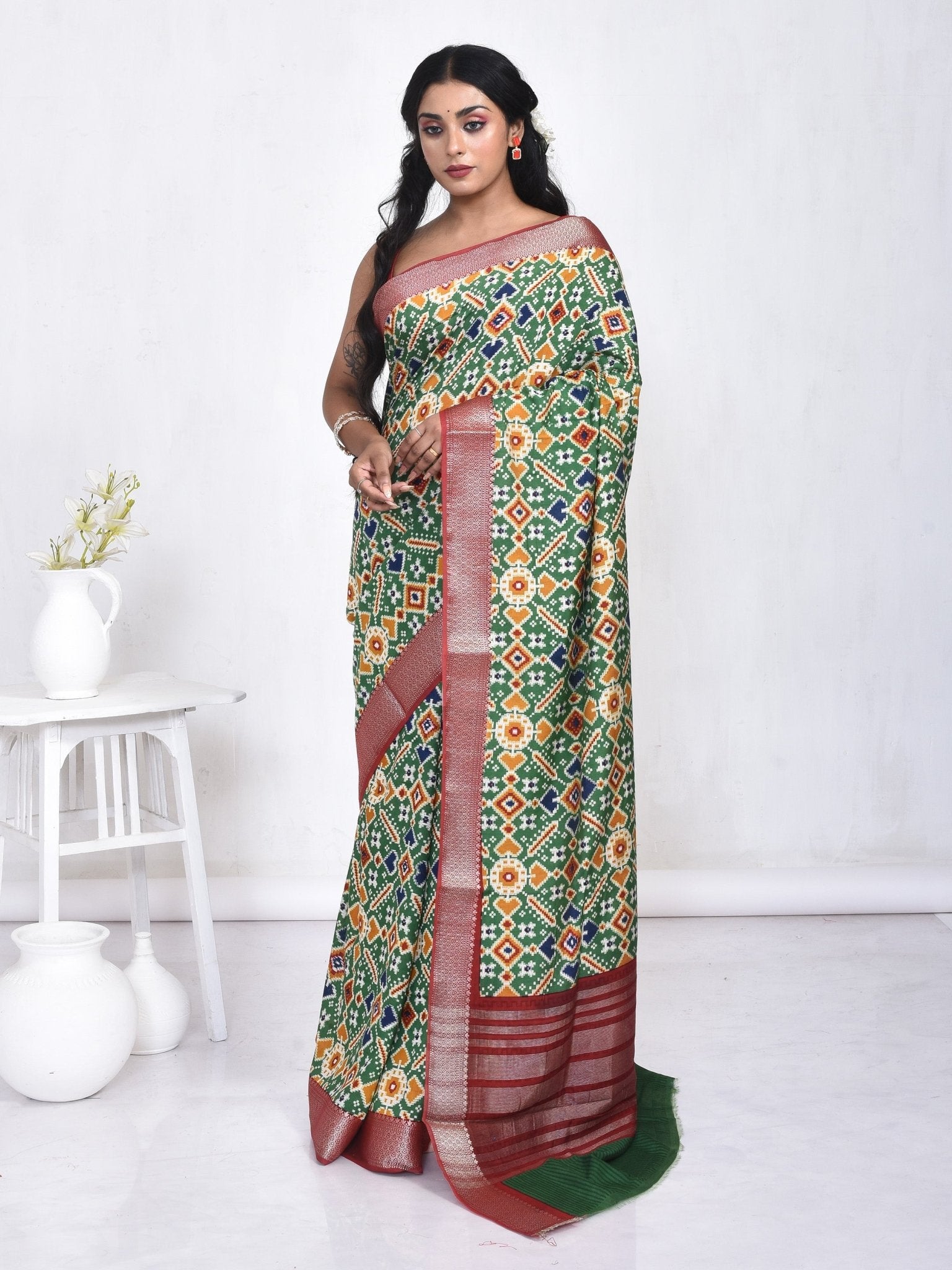 Green Patola Design Linen Silk Saree – Womens Saree on Brown Living™. SKU: STRLINSAR20. Img 1.