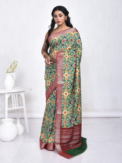 Green Patola Design Linen Silk Saree – Womens Saree on Brown Living™. SKU: STRLINSAR20. Img 1.