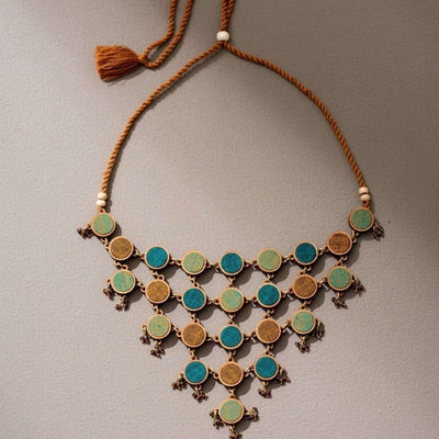 Green Shades Repurposed Fabric & Wood Adjustable Necklace Earrings Set – Womens Earrings on Brown Living™. SKU: JCC025. Img 3.