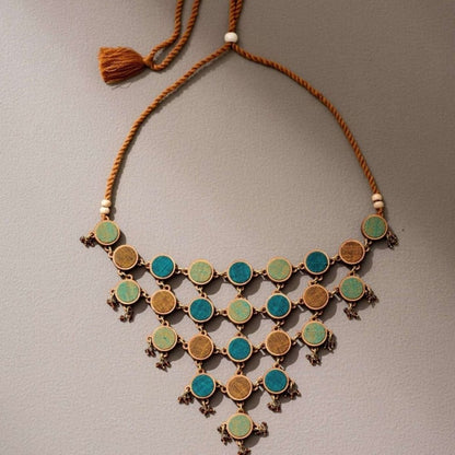 Green Shades Repurposed Fabric & Wood Adjustable Necklace Earrings Set – Womens Earrings on Brown Living™. SKU: JCC025. Img 3.