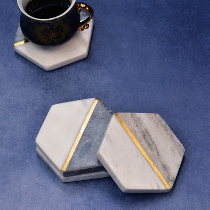 Green White Indian Round Marble Coasters (Set of 4) – Coasters by The Mohraj available on Brown Living™. White & Grey Natural Hexagonal Marble Coasters (Set Of 4) . SKU: MB2. Img 9.