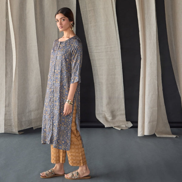 Grey Ajrakh Tencel Kurta | Verified Sustainable Womens Kurta on Brown Living™