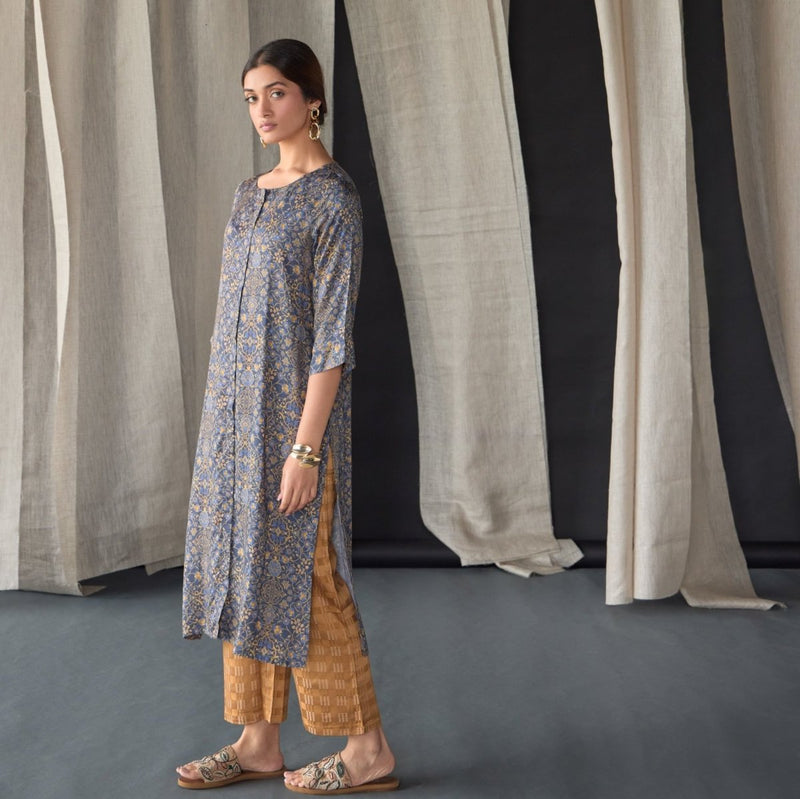 Grey Ajrakh Tencel Kurta Set | Verified Sustainable Womens Kurta on Brown Living™