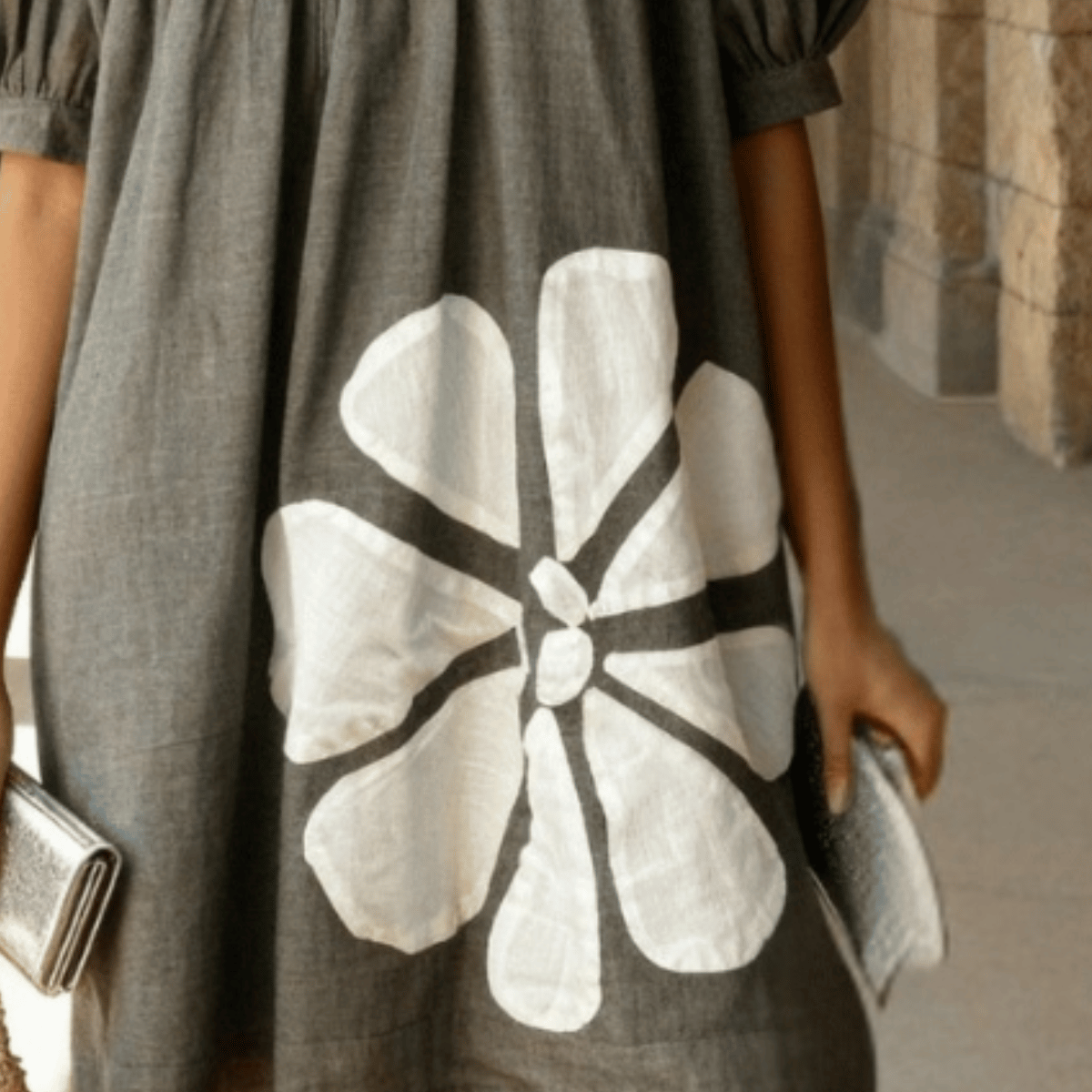 Grey Handwoven Mangalgiri Fabric With Handmade Flower Patchwork – Womens Dress on Brown Living™. SKU: AS-GMD-002. Img 2.