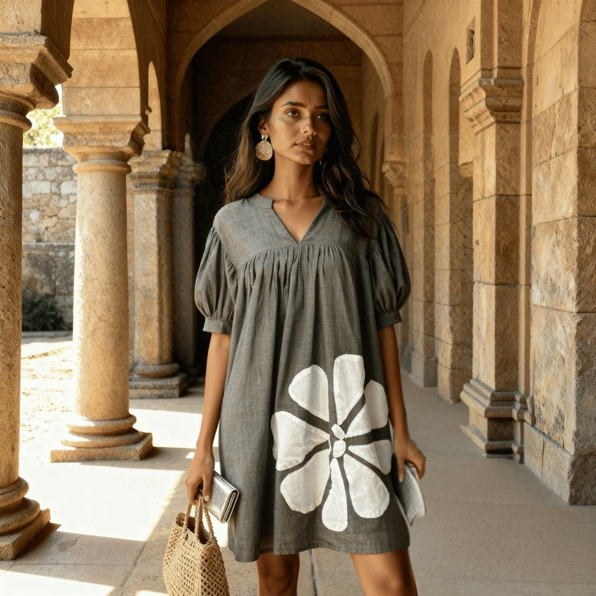 Grey Handwoven Mangalgiri Fabric With Handmade Flower Patchwork – Womens Dress on Brown Living™. SKU: AS-GMD-002. Img 1.