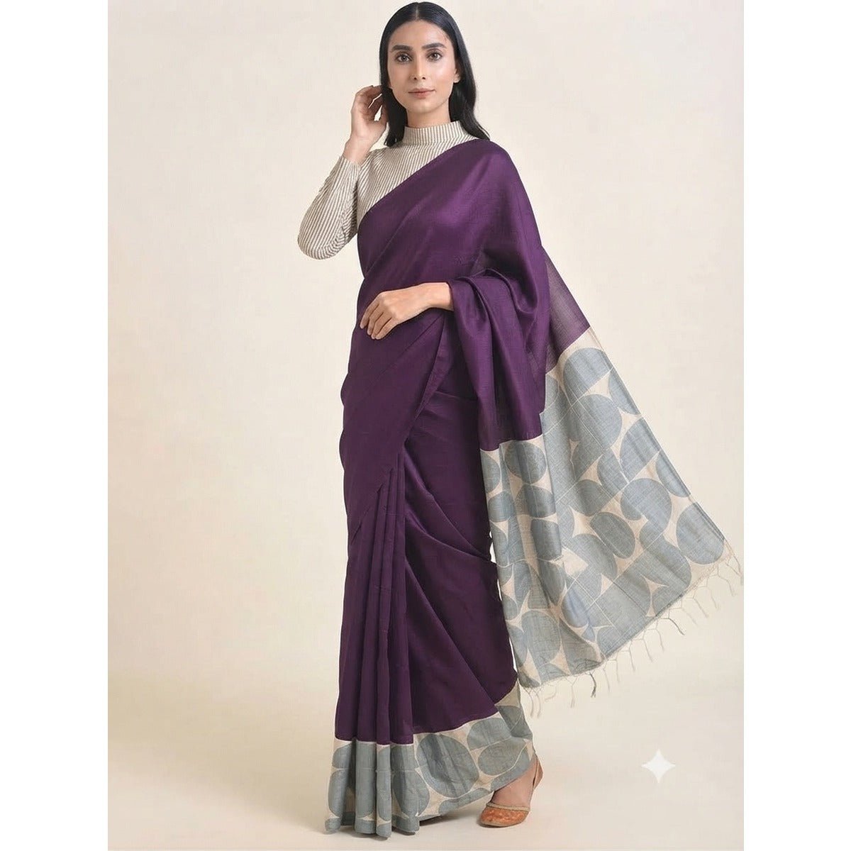Grey Polka Dot Mulberry Silk Saree | 100% Natural Silk – Womens Saree on Brown Living™. SKU: NAESA23. Img 1.