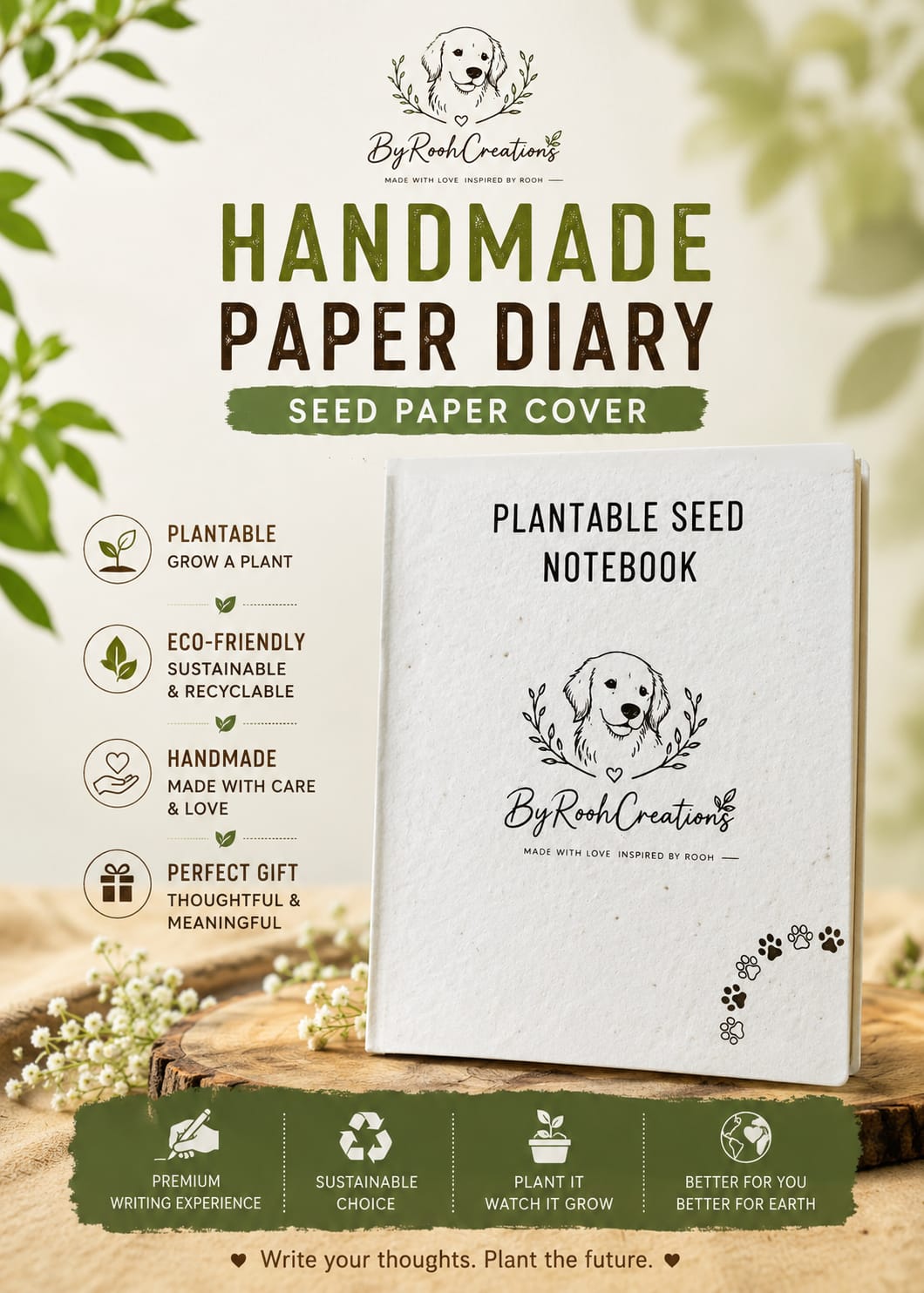 Grow Notes Plantable Seed Paper Notebook | Eco-Friendly Diary – Notebooks & Notepads on Brown Living™. SKU: BRC-ECO-PSN-01. Img 3.