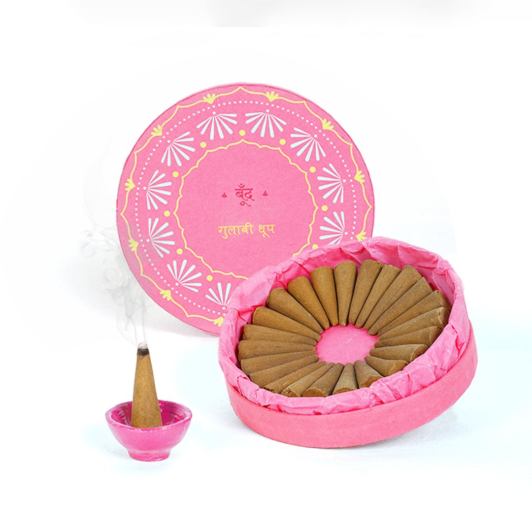 Gulabi Dhoop - Pure Indian Rose Incense Cones – Candles & Fragrances by Boond Fragrances available on Brown Living™. . SKU: BFD01. Img 1.