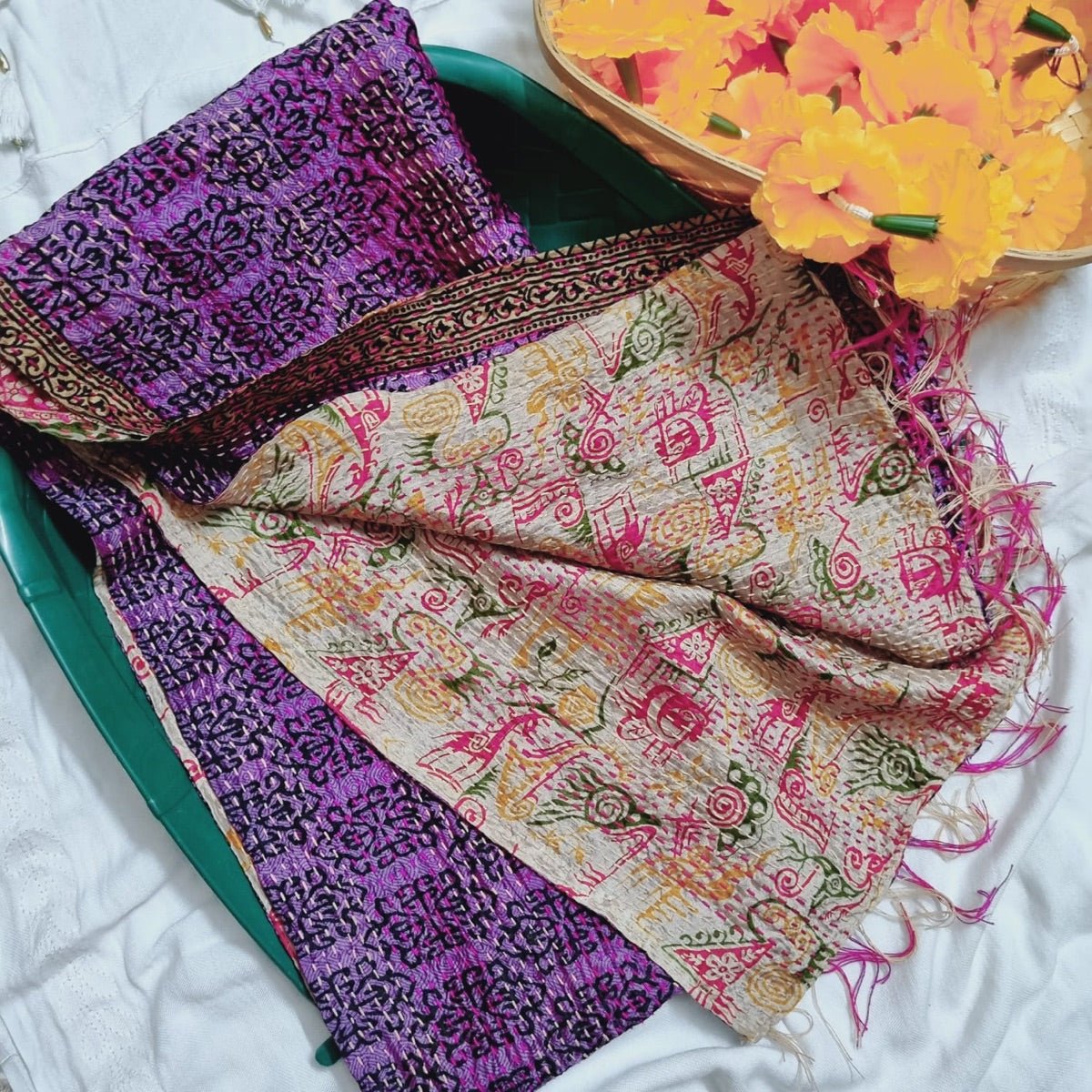 Gulabri Kantha Stole - Pink and Cream | Verified Sustainable by Brown Living™