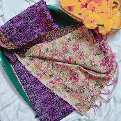 Gulabri Kantha Stole - Pink and Cream | Verified Sustainable by Brown Living™