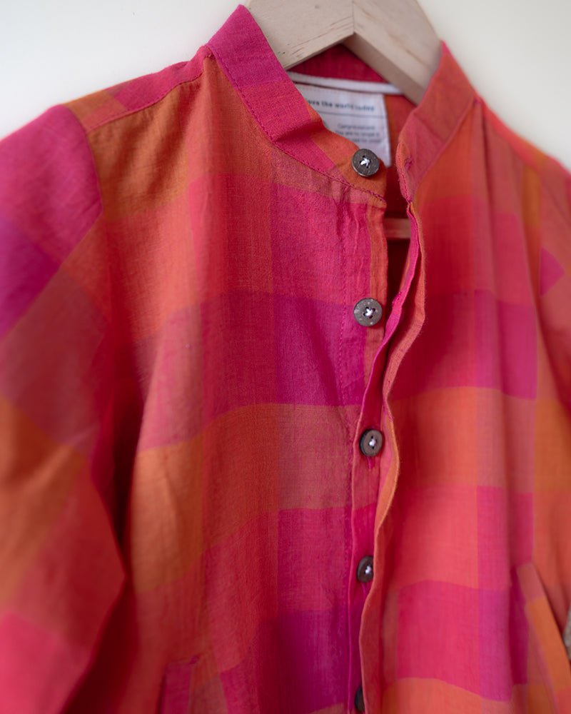 Gulmohar Cotton Checkered Full Sleeve Jacket Shirt – Kids Ethnic Sets by Love The World Today available on Brown Living™. 6 - 12 M . SKU: C34B3MJ612. Img 6.