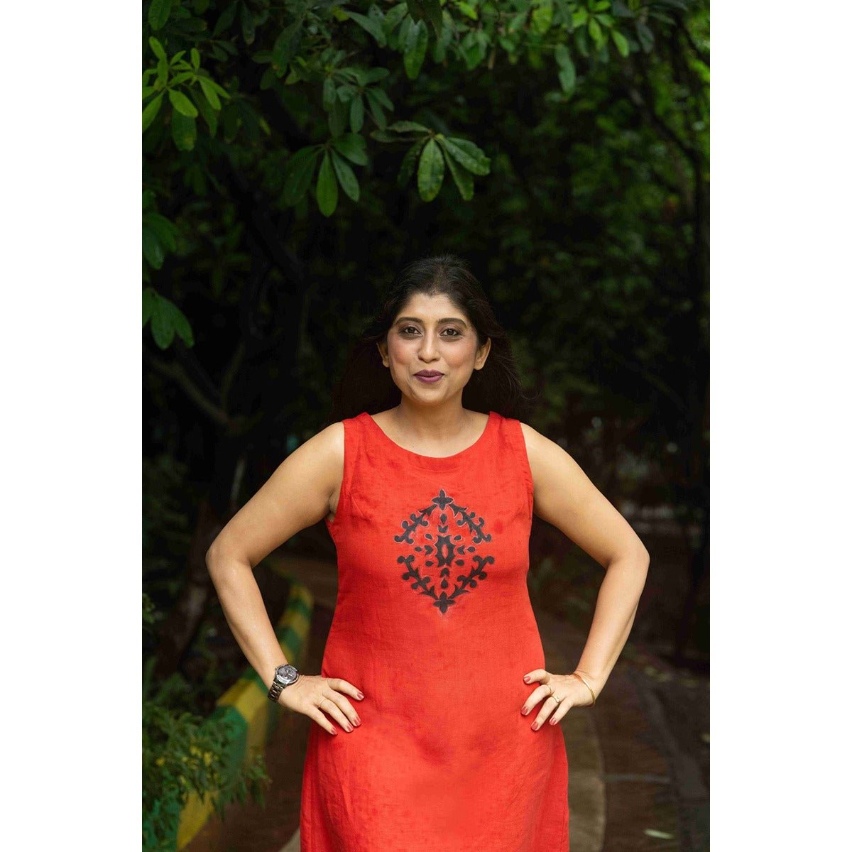 Gulnaar Cotton Rust Red Dress With Black Hand Painted Motif – Womens Dress on Brown Living™. SKU: HD1028S_XS. Img 2.