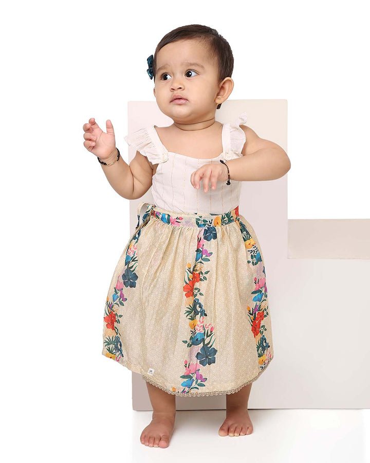 Gulzar - Chanderi Floral Printed Infant Onesie with Detachable Lehenga Skirt and Matching Clips | Verified Sustainable Kids Ethnic Sets on Brown Living™