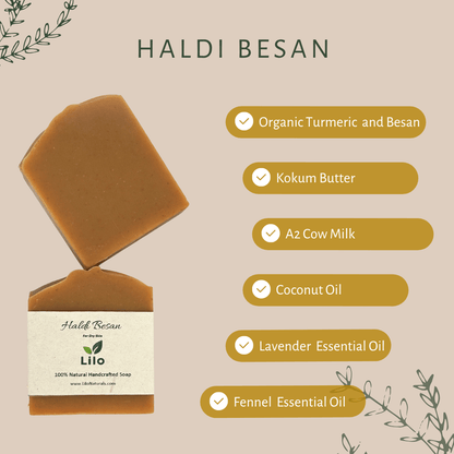 Haldi Besan Soap Bar for Dry, Dull and Acne Prone Skin – Body Soap by Lilo Naturals available on Brown Living™. . SKU: S10020. Img 2.