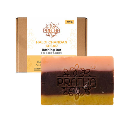 Haldi - Chandan - Kesar | Cold Process Handmade Soap – Body Soap on Brown Living™. SKU: pnhpl - soap - 008. Img 1.