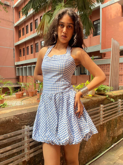 Halter Neck Cupcake Peplum Dress | Flattering Fit & Playful Style – Womens Dress on Brown Living™. SKU: DR-58-XS-CH. Img 5.