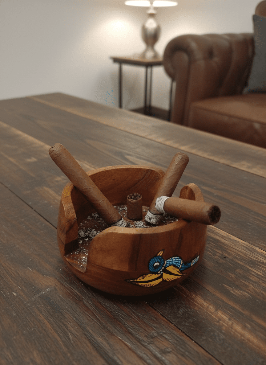 Hand - Carved Gond Art Cigar Ashtray | Artisan Wooden Smoking Accessory – Decor & Artefacts on Brown Living™. SKU: GDBPATMDMC01. Img 1.